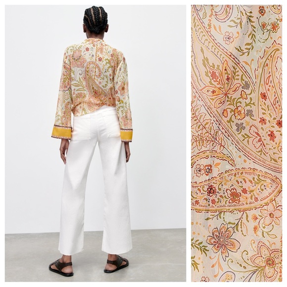 NWT. Zara Cream/Beige Paisley Printed Chiffon Blouse. Size L. - Picture 4 of 10